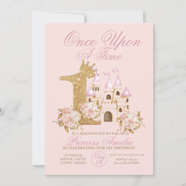 Pink Gold Crown Castle Princess 1st Birthday  Invi Invitation (Front)