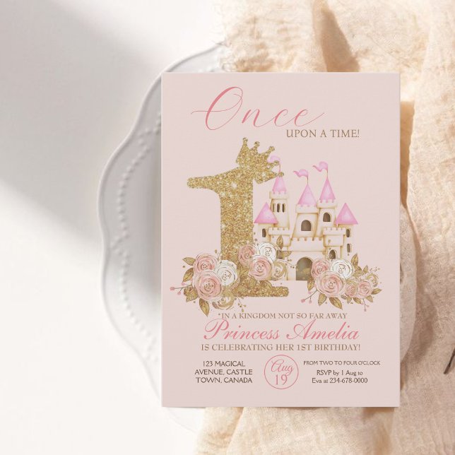 Pink Gold Crown Castle Princess 1st Birthday  Invitation (Creator Uploaded)