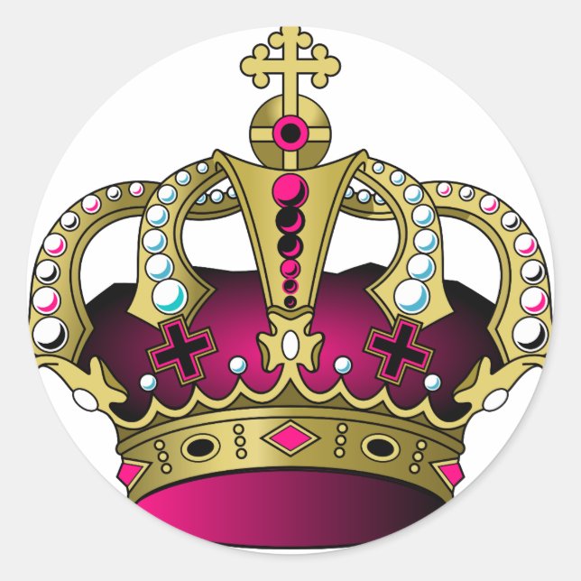 Pink & Gold Crown Classic Round Sticker (Front)