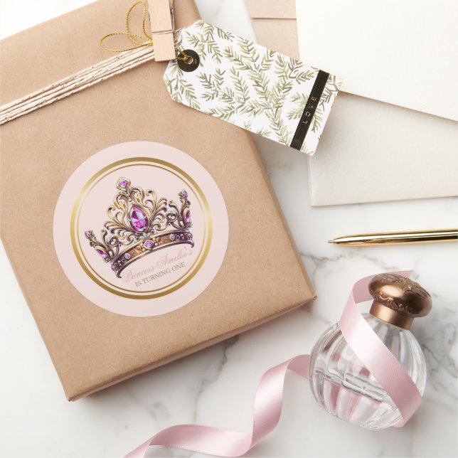 Pink Gold Crown Princess 1st Birthday  Classic Round Sticker (Gifting)
