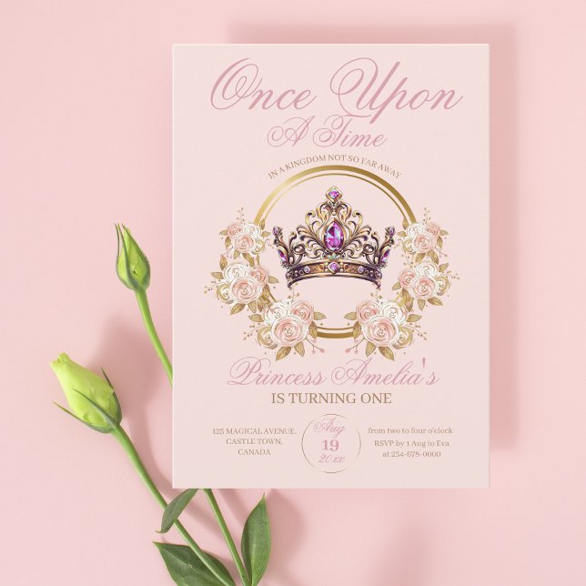 Pink Gold Crown Princess 1st Birthday  Invitation (Creator Uploaded)