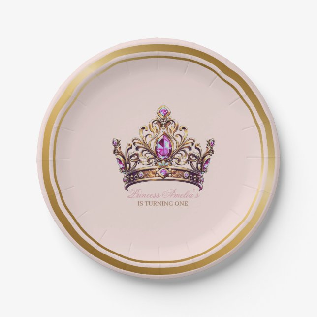 Pink Gold Crown Princess 1st Birthday Paper Plate (Front)