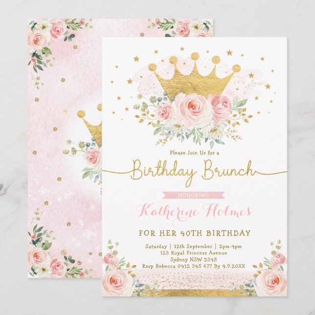 Pink Gold Crown Princess 40th Birthday Party Invitation (Front/Back)