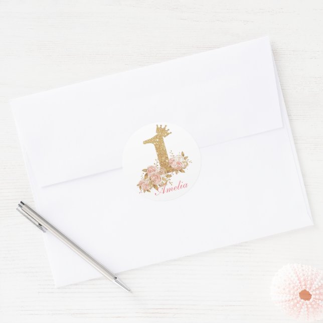 Pink Gold Crown Princess First Birthday Party  Classic Round Sticker (Envelope)