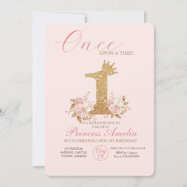 Pink Gold Crown Princess First Birthday Party  Invitation (Front)