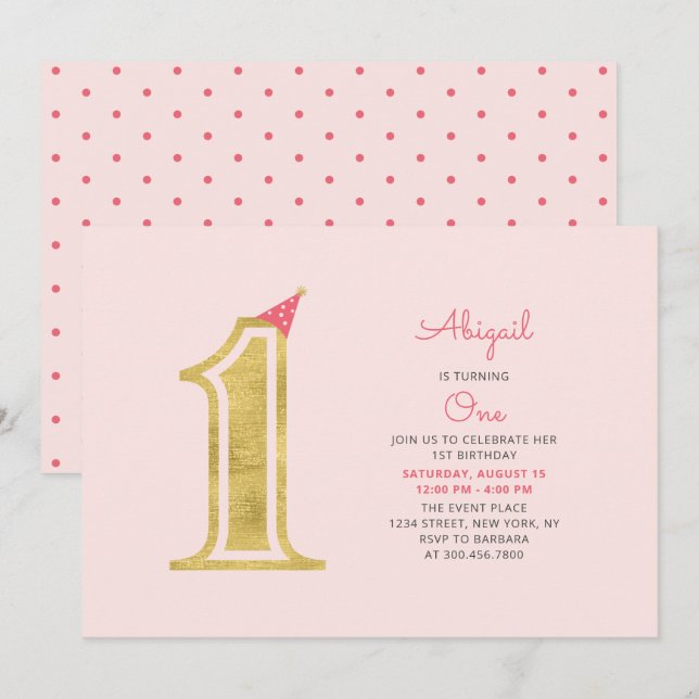 Pink & Gold |  Cute Modern Girl 1st Birthday Party Invitation (Front/Back)