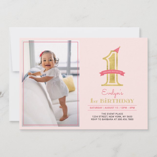 Pink & Gold |  Cute Modern Girl 1st Birthday Party Invitation (Front)