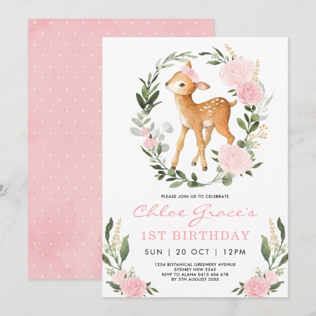 Pink Gold Deer Simple Greenery Forest Birthday Invitation (Front/Back)