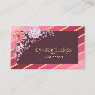Pink Gold Diagonal Stripes Floral Event Planner Business Card