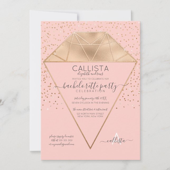 Pink Gold Diamond Confetti Glitter Bachelorette Invitation (Front)