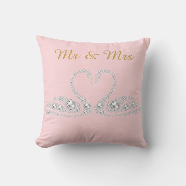 PINK GOLD DIAMOND SWAN CUSHION WEDDING  (Front)