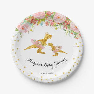 Pink Gold Dino Girl Baby Show Party Paper Plates