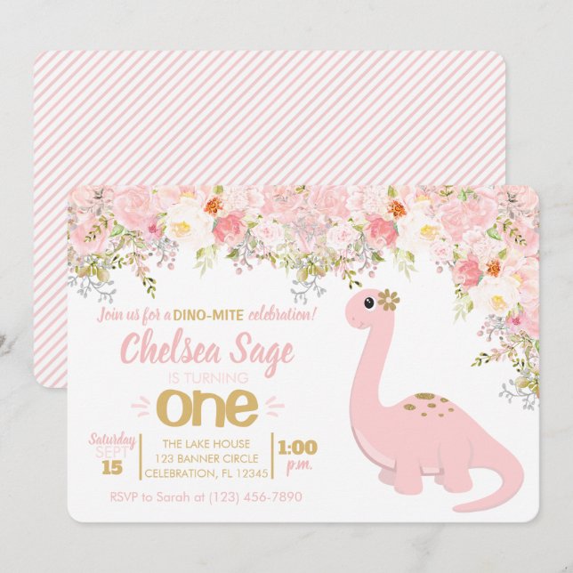 Pink & Gold Dinosaur Floral Girl Birthday Invitation (Front/Back)