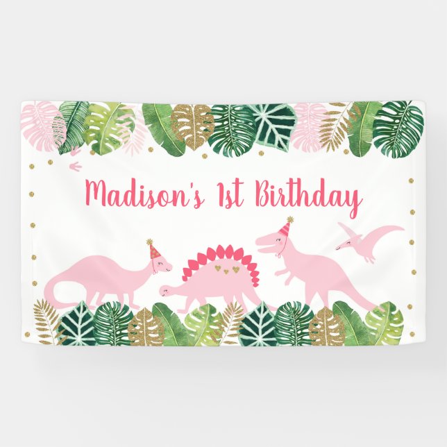 Pink & Gold Dinosaur Safari Birthday Banner (Horizontal)
