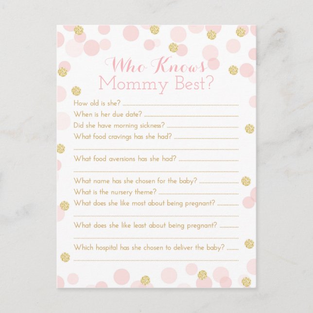 Pink Gold Dots Baby Shower Mommy Quiz Invitation Postcard (Front)