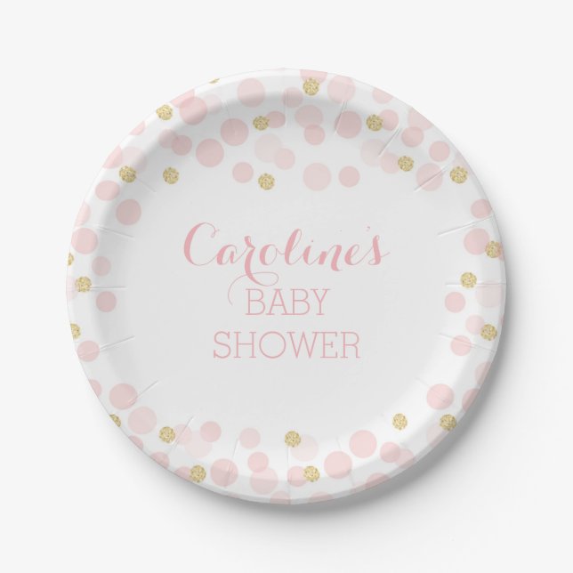 Pink Gold Dots Baby Shower Paper Plate (Front)