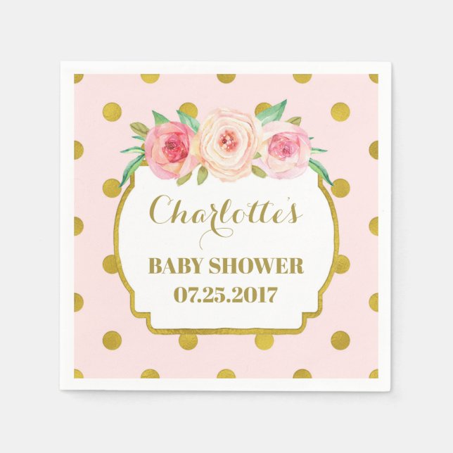 Pink Gold Dots Blush Floral Baby Shower Napkin (Front)