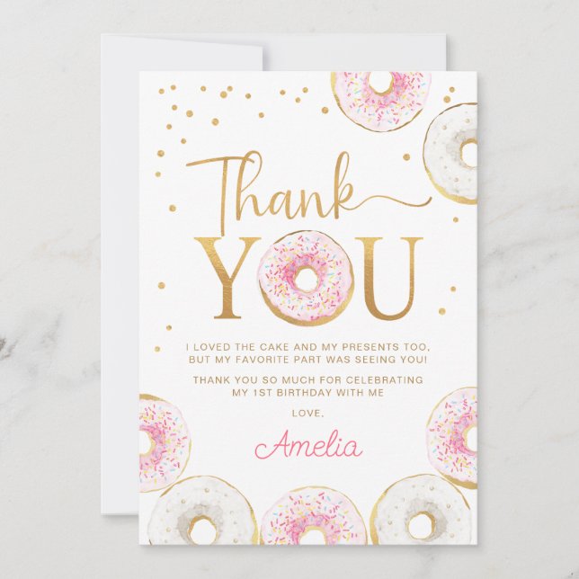 Pink Gold Doughnuts Sweet One 1st Birthday Thank You Card (Front)