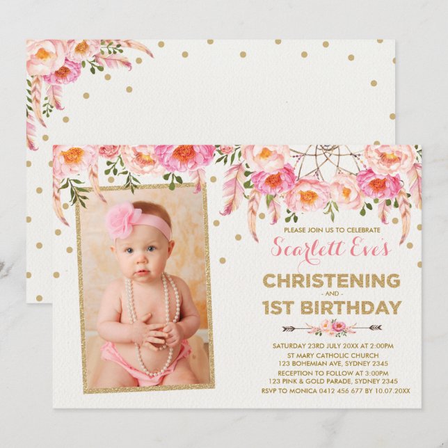 Pink Gold Dreamcatcher Christening 1st Birthday Invitation (Front/Back)