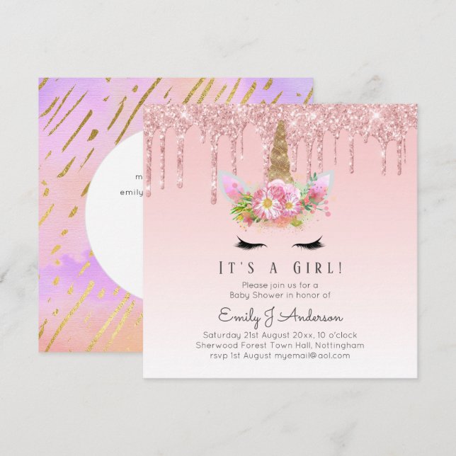 Pink Gold Drip Glitter Unicorn Baby Girl Shower Invitation (Front/Back)