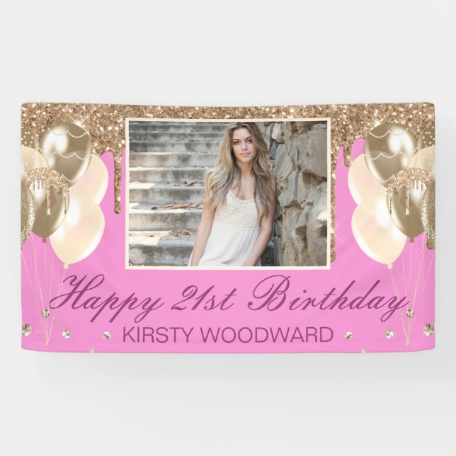 Pink & Gold Dripping Glitter & Balloons Birthday Banner (Horizontal)