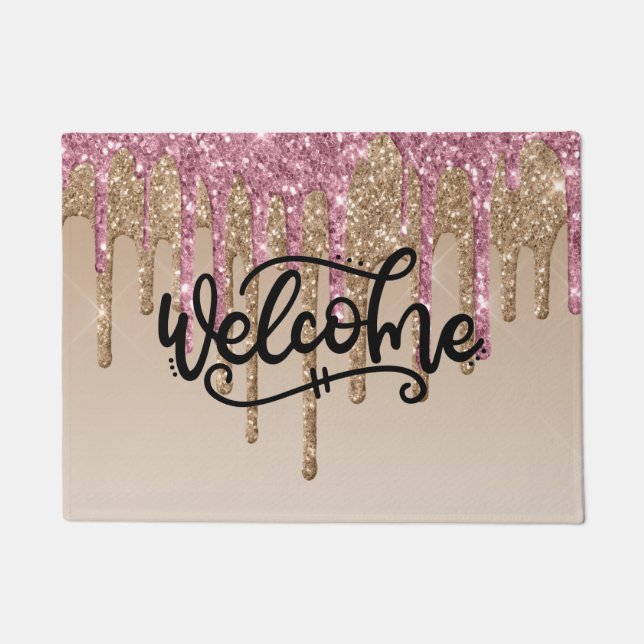 Pink & Gold Dripping Glitter Welcome Doormat (Front)