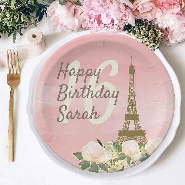 Pink Gold Eiffel Tower Sweet 16 Birthday Paper Plate (Paris/Eiffel Tlower Sweet 16 paper plate)