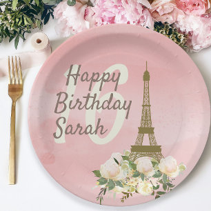 Pink Gold Eiffel Tower Sweet Sixteen Birthday Paper Plate
