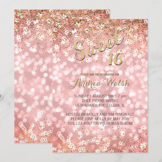 Pink Gold Elegant Bokeh Lights Glitter Sweet 16 Invitation (Front/Back)