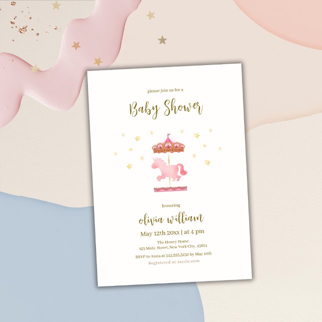Pink Gold Elegant Carousel Carnival Baby Shower   Invitation (Pink Gold Elegant Carousel Carnival Baby Shower Invitation)