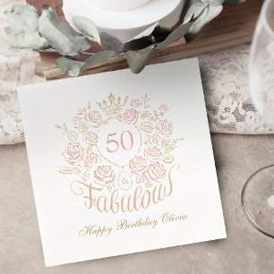 Pink & Gold Elegant Floral 50 & Fabulous Birthday Napkin