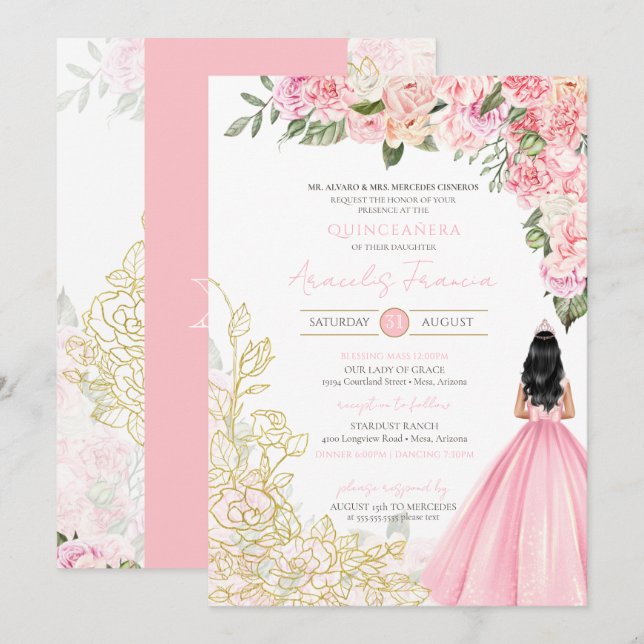 Pink Gold Elegant Floral Pretty Dress Quinceañera Invitation (Front/Back)