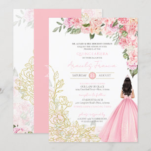 Pink Gold Elegant Floral Pretty Dress Quinceañera Invitation