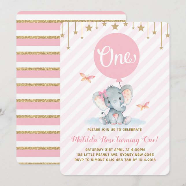 Pink Gold Elephant 1st First Birthday Twinkle Star Invitation (Front/Back)