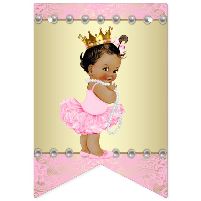 Pink Gold Ethnic Ballerina Baby Shower Bunting Flags (First Flag)