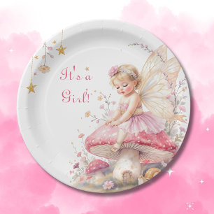 Pink & Gold Fairy Cottage Core Girl's Baby Shower Paper Plate