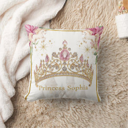 Pink Gold Fairytale Princess Crown Birthday Party  Throw Pillow