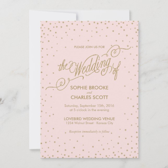 Pink & Gold Fancy Stars Wedding Invitation (Front)