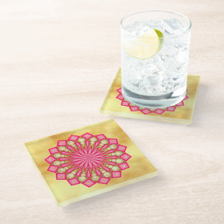 Pink Gold Fantasy Mandala Glass Coaster