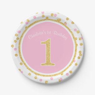 Pink Gold Faux Glitter Confetti 1st Birthday Name Paper Plate
