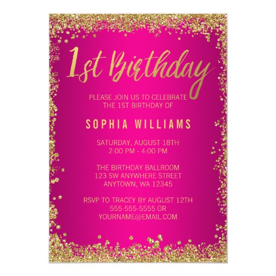 Pink Gold Faux Glitter Girl 1st Birthday Card