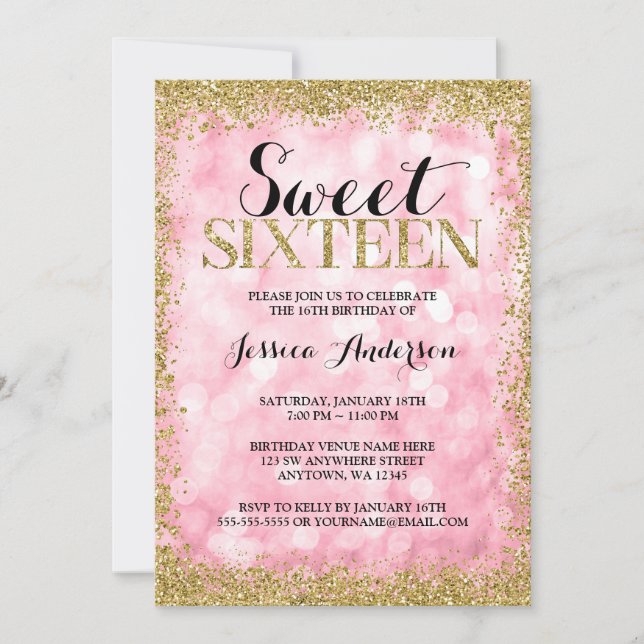 Pink Gold Faux Glitter Lights Sweet 16 Birthday Invitation (Front)