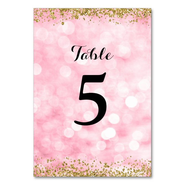 Pink Gold Faux Glitter Lights Table Number (Front)