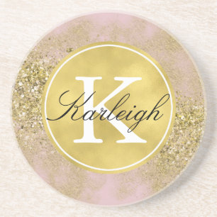 Pink Gold Faux Glitter Personalized Monogram Coaster