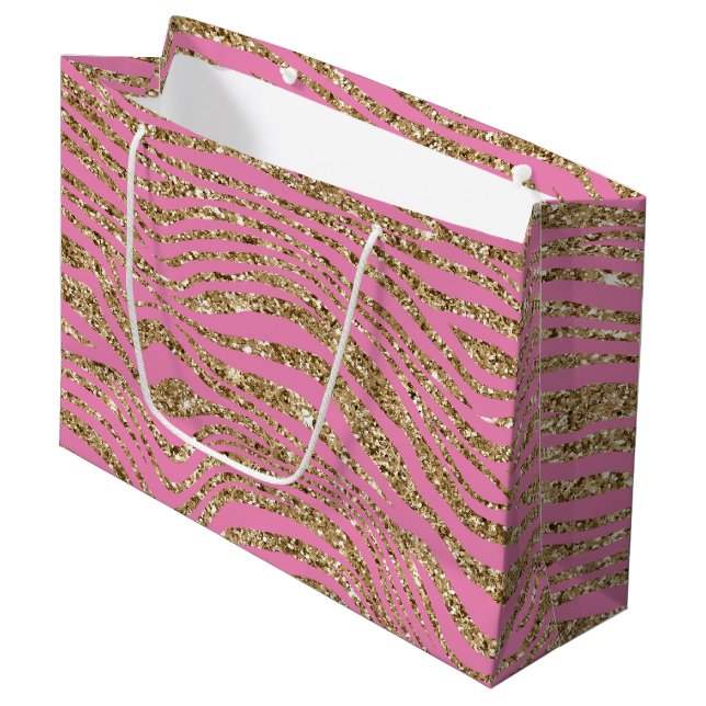 Pink Gold Faux Glitter Zebra  Large Gift Bag (Front Angled)