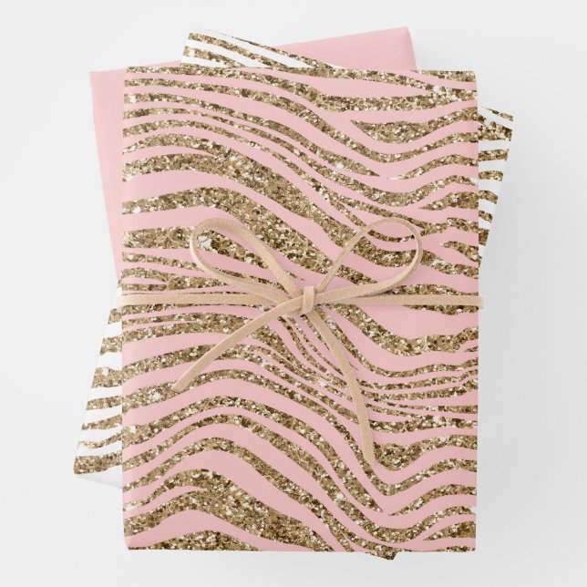 Pink Gold Faux Glitter Zebra Print Wrapping Paper Sheet (In situ)