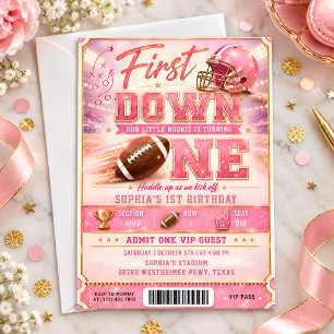 Pink Gold First Down Football 1st Birthday Ticket  Invitation