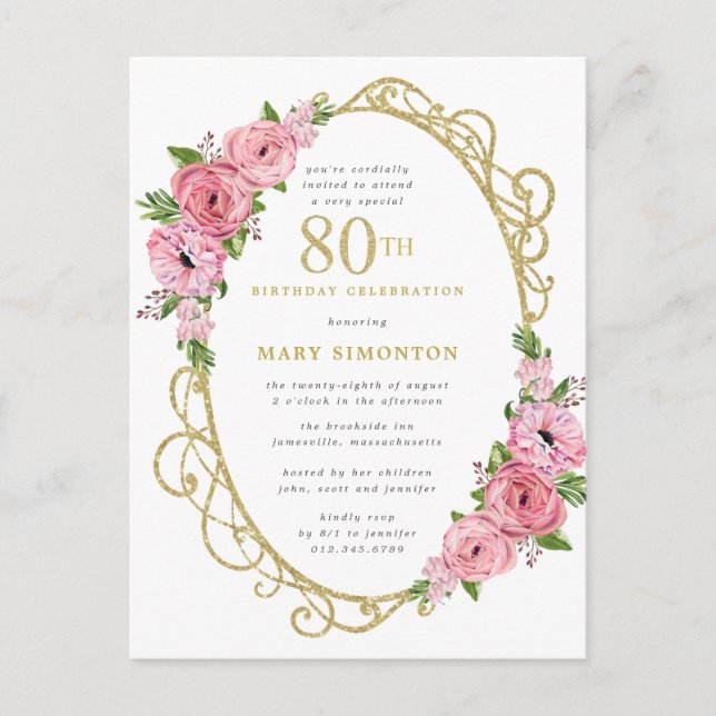 Pink Gold Floral 80th Birthday Party Invitation (Devant)
