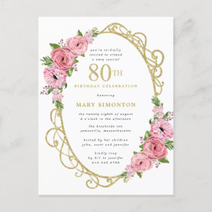 Pink Gold Floral 80th Birthday Party Invitation Postcard