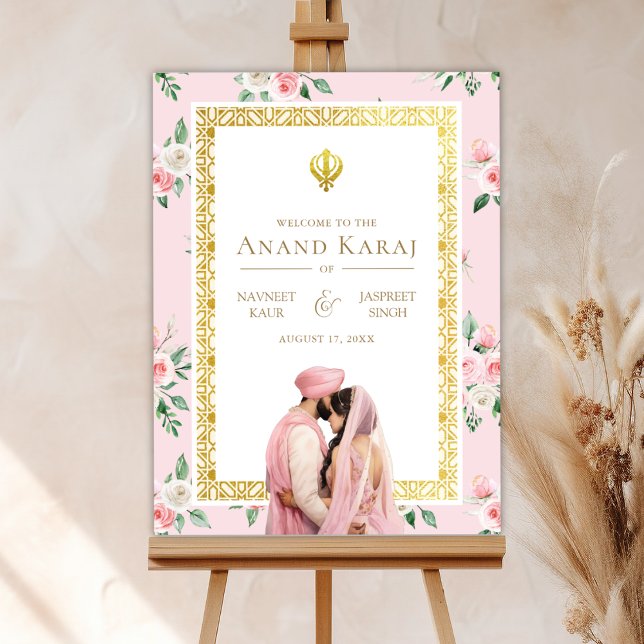 Pink Gold Floral Anand Karaj Wedding Welcome Sign  (Creator Uploaded)